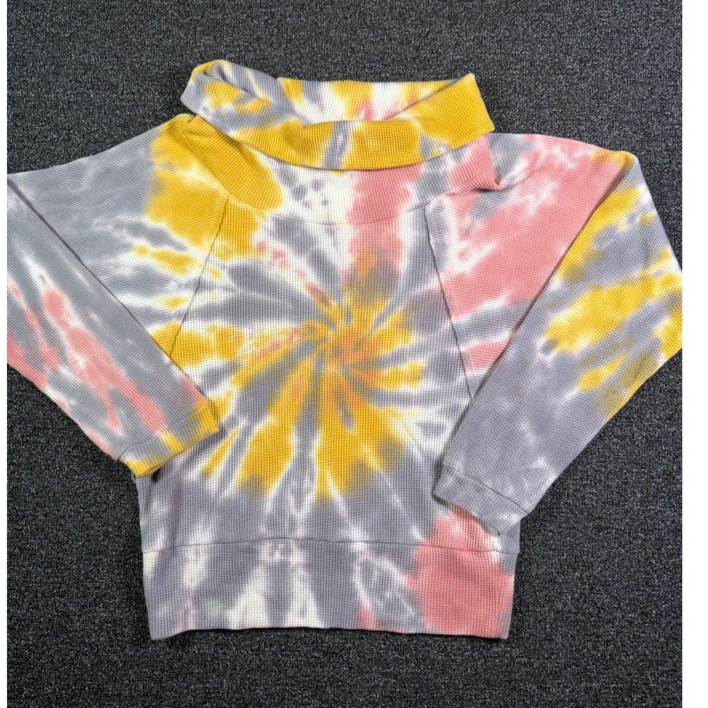 Pilcro Tie Dye Waffle Knit Cowl Neck Thermal Top Yellow Pink Grey Small